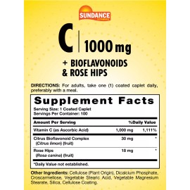 Sundance Vitamin C 1000mg | 100 Caplets | Rose Hips & Bioflavonoids | by Sundance