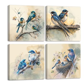 Piy Painting Set of 4 Canvas Wall Art Cute Birds Picture Print on Canvas Stretched on Canvas Framed Animal Wall Decoration for Living room Bedroom Bathroom Yoga room 12x12in