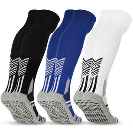 Jeasona 3 Pairs Football Socks Children's / Men's Set Football Socks Football Socks Men's Long Grip Socks Football Football Grip Socks Non-Slip, Black+White+Blue