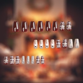 Christmas Press on Nails Coffin Medium Length, 24Pcs Glitter Artificial Fake Nails with Xmas Tree Elk Designs, Glossy Full Cover Winter Acrylic Square False Nails Glue Stick on Fingernails for Women