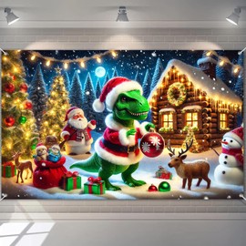 BlissYard Christmas Banner Dinosaur Santa Claus Holiday Winter Wonderland Decorations Photo Backdrop Snow Scene Party Decor Tree Lights Gifts Reindeer Background for Wall 71 X 43 Inches