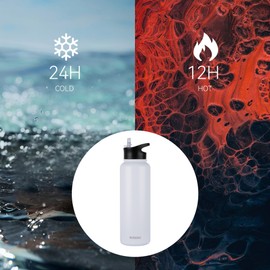 MURBONE Stainless Steel Drinking Bottle 1.2 L (+ 2 Lids) with Straw, BPA-Free, Leak-Proof, Suitable for Carbonated Drinks, Thermos Flask, Vacuum Double Wall Insulation for Sports, Travel, Camping