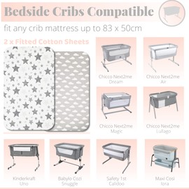 Next to Me Crib Sheets - 2pcs Baby Crib Sheets Set - 100% Organic Cotton to fit Bedside Cribs - Made in Europe – 83 x 50 cm (83x50cm, Grey Stars&Clouds)