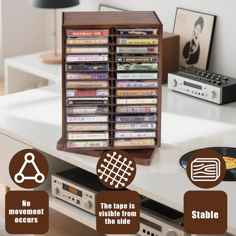 WodGod Cassette Tape Storage Box, Wood Cassette Rack, Wooden Cassette