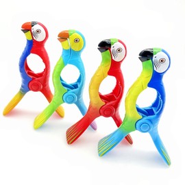 JZK 4x Parrot style novelty beach towel pegs for sun lounger sunbeds, large sunbed towel clips, beach towel clips for beach chairs, strong laundry peg