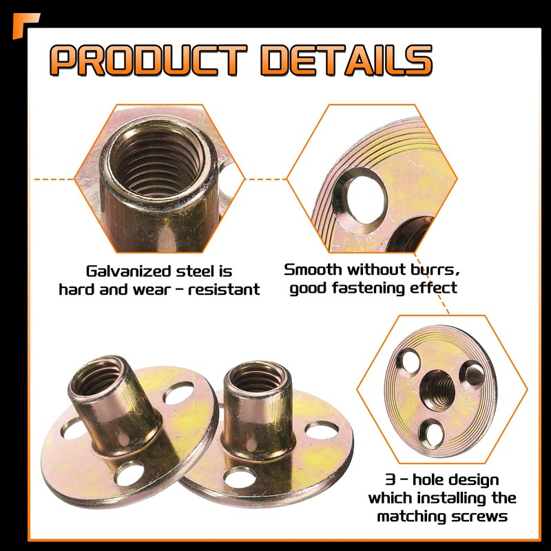 sourcing map 8Pcs M10 T-Nuts, Zinc Plated Steel Brad Hole