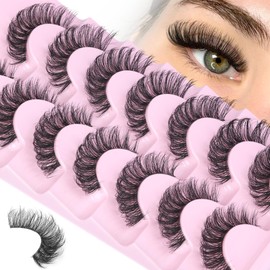 PVDKIW Strip Lashes Wispy False Eyelashes Clear Band Mink Lashes Natural Look Fake Eyelashes 3D 17MM Fluffy Cat Eye Lashes Pack, 7 Pairs