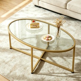Coffee Table Gold Oval Glass Coffee Tables for Living Room,Modern Gold Metal Frame Tea Tables for Small Space, Tempered Glass Top Center Table with Stable Cross Base for Bedroom, Office,Balcony