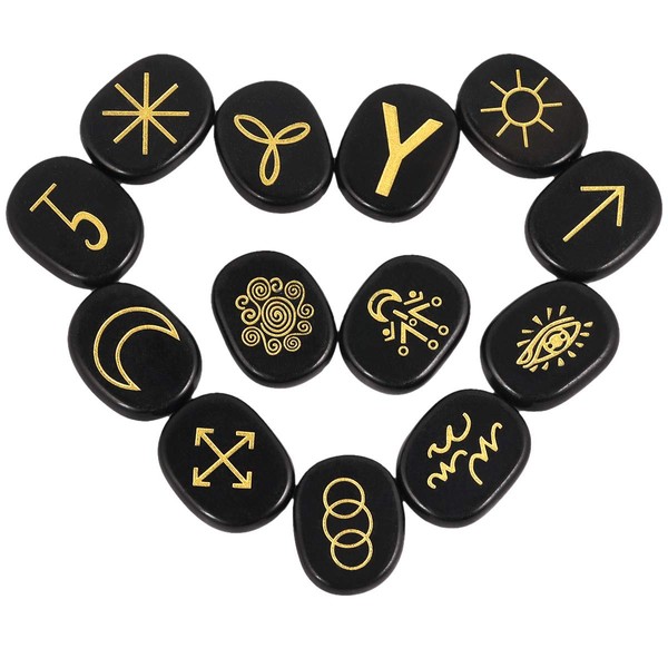 KYEYGWO Black Obsidian Witches Runes Set, Rune Stones with Engraved Gypsy Wiccan Pagan Symbol for Divination Meditation Healing