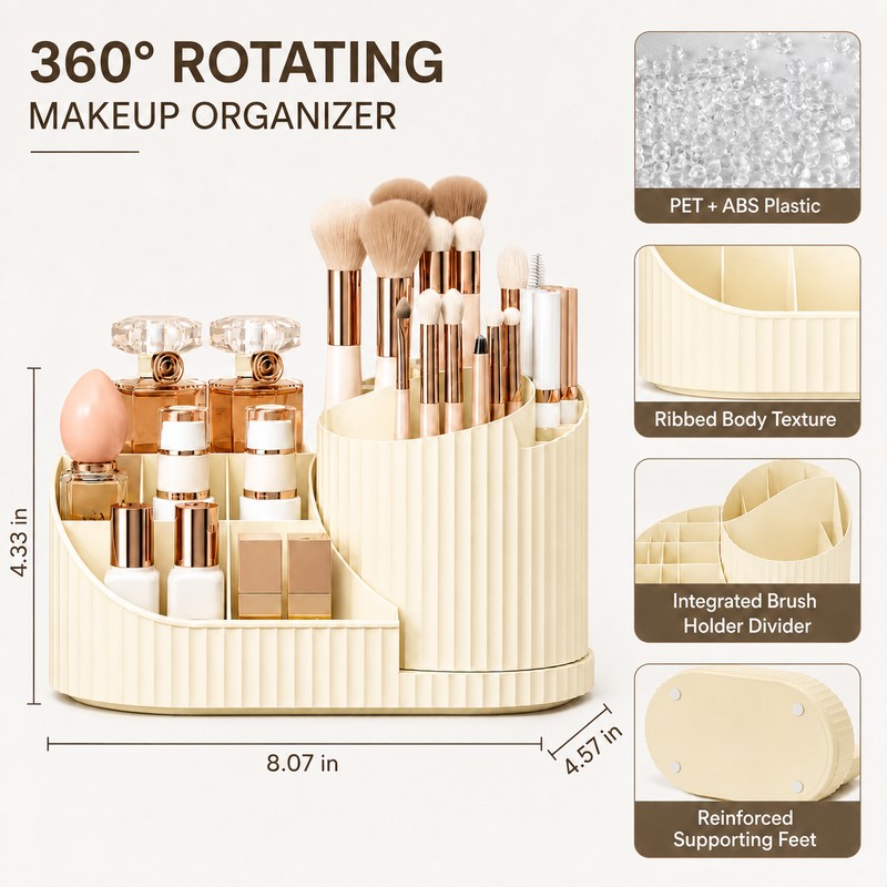 360° Rotating Makeup Organizer with Brush Holder – Large Vanity
