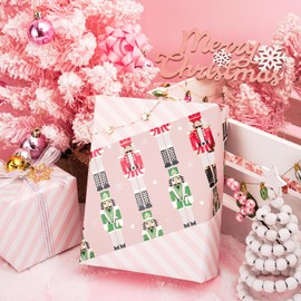 LeZakaa Reversible Christmas Wrapping Paper Roll - Pink Metallic Foil Gift Wrap Paper with Nutcracker & Stripe - 17 inches x 32.8 Feet (46.45 sq.ft.)