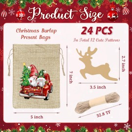 BORAMDO Christmas Burlap Gift Bags with Drawstrings 24Pcs, Watercolor 12 Designs Christmas Red Truck Linen Wrapping Bags, Small Christmas Treat Candy Bags for Holiday Party Favor Supplies…