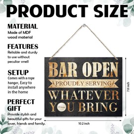 Bar Open Sign, Farmhouse Wooden Hanging Sign Plaque - Bar Open Proudly Serving Whatever You Bring, Kitchen Bars Decors, Rustic Wall Art Decor for Home Decoration 7.9 x 10.2 Inches