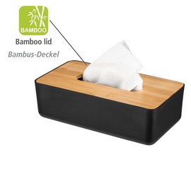 WENKO Rotello Cosmetic Tissue Box, Box for Cosmetic Tissues or Tissues, Plastic Box with Bamboo Lid, Easy Removal, for Storing Standard Cardboard Boxes, 24 x 7.5 x 12.7 cm, Black/Natural