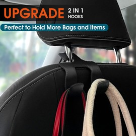 LANVRION Car Headrest Hooks for Purses and Bags, Upgraded 2 in 1 Cars Back Seat Head Rest Hanger Vehicle Leather Organizer Storage Holder Hook Matching Cars Interior, 1-Pack, Black