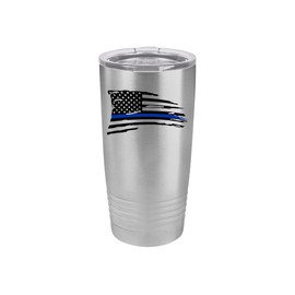 Rogue River Tactical Tattered Thin Blue Line Flag Police Officer 20 Oz. Travel Tumbler Mug Cup w/Lid Vacuum Insulated Law Enforcement PD Gift