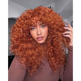 Muswanna Ginger Curly Wigs With Bangs for Women Lace Hairline Long Curly Ginger Wig for Daily