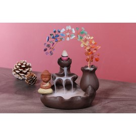 CrystalTears Ceramic Incense Stick Holder Waterfall with Buddha Figure 7 Chakra Crystal Tree Incense Burner Room Decoration