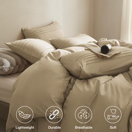 JELLYMONI Queen Size Khaki Duvet Cover Set - 3PCS Microfiber Bedding Set, Stylish Pleated Design, 8 Corner Ties & Zipper Closure, Ultra Soft and Comfortable