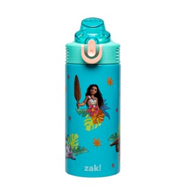 Zak Designs Moana Kids Water Bottle For School or Travel, 14oz Stainless Steel Water Bottle With Straw, Handle, and Leak-Proof, Pop-Up Spout Cover (Moana, Maui, Pua, Hei Hei)
