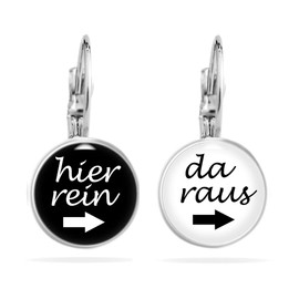 Miss Lovie Funny Earrings Women's Hanging Earrings Here Rein Da Raus Men Handmade Funny Stud Earrings Women's Cabochon Stainless Steel Black Silver, Stainless Steel, Glass