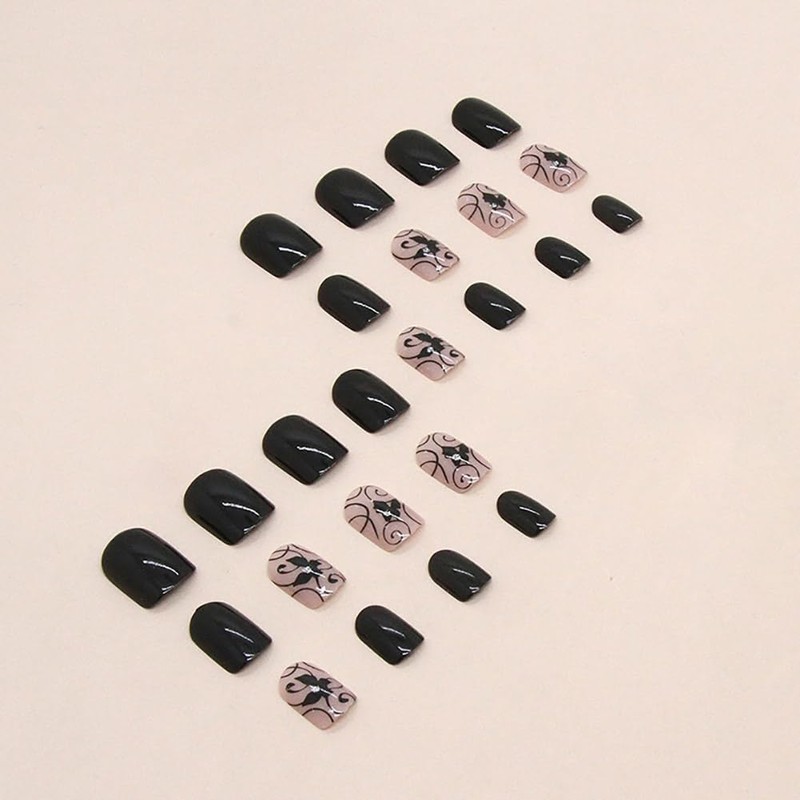 Clataly 24Pcs Black Vine False Nails Dark Butterfly Design Fake