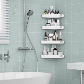 Sotfamily Plastic Shower Caddy Corner (For 90° Only), 4 Pack Adhesive Corner Shower Shelves for Bathroom Organizers and Storage, White