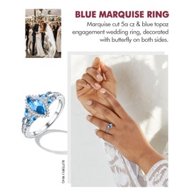 DAYBYDAY Marquise Blue Topaz Ring 925 Sterling Silver December Birthstone Rings Womens Butterfly Ring Size 8 Promise Rings for Her with Blue Stone