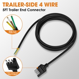 Adullama 4 Way Trailer Wiring Harness 5FT Jacketed Cable, 18AWG 4 Pin Flat Trailer Extension Connector Trailer Wire 4 pin Trailer Wiring Harness, Pure Copper