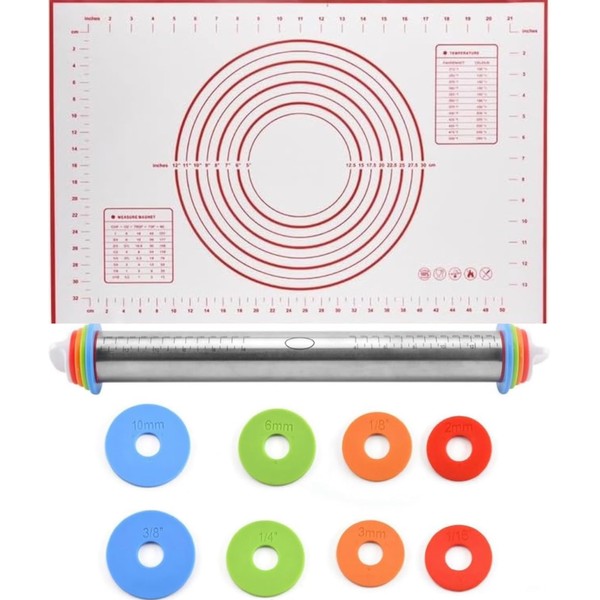 Rolling Pin and Silicone Baking Pastry Mat Set, Stainless Steel
