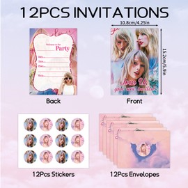 Tay-lo Birthday Party Invitations, 36 Pieces Party Invitation Cards for Kids, Tay-lo Birthday Party Supplies, Swif-T Birthday Card,Invites for Theme Party with Envelopes Stickers(Pink,12 Persons)