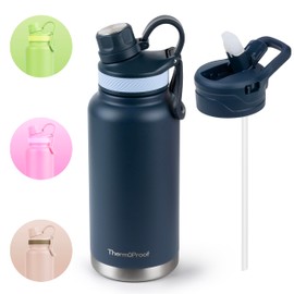 ThermoProof Double Walled Vacuum Insulated Stainless Steel Water Bottle - 32oz, Straw Lid & Spout Lid - Leak Proof - Gym, Hiking Bottles for Men, Women & Kids - Hot & Cold (Navy 32oz)