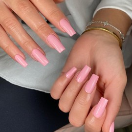 Bright Pink Press on Nails Long Square, KXAMELIE Medium Coffin Nails Press ons Long Glue on Nails Natural Thick Fake Long Nails Acrylic Nails Reusable 24 Fake Nails Solid Color False Nails for Women