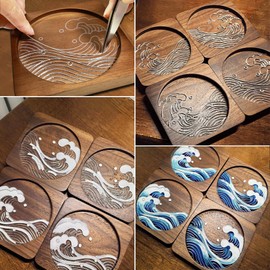 Cloisonne Wooden Coasters Kit The Great Waves, Crafty Gifts for Women, Filigree Enamel Unique Coasters DIY Crafting Kits – Summer Crafts for Adults, Teens, Women, Hobby