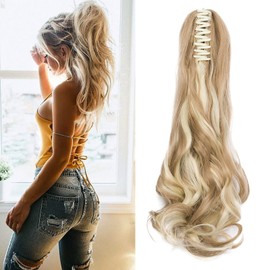 Cybelleza 18" Ponytail Extension Curly Clip in Ponytail Hair Extensions Cute Long Claw Pony Tail One Piece Synthetic Hairpiece for Women Beauty, Sandy Blonde & Bleach Blonde