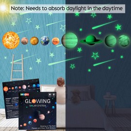 Glow in The Dark Stars and Planets, Bright Solar System Wall Stickers -Sun Earth Mars,Stars,Shooting Stars and so on,9 Glowing Ceiling Decals for Bedroom Living Room,Shining Space Decoration for Kids