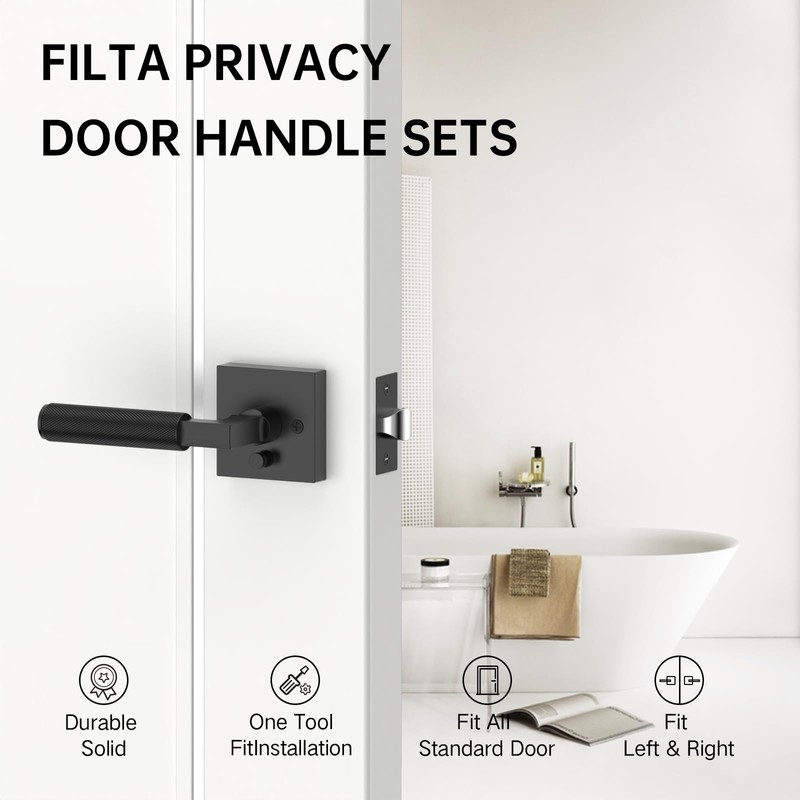 FILTA 1 Pack Matte Black Privacy Door Handles, Knurled Door