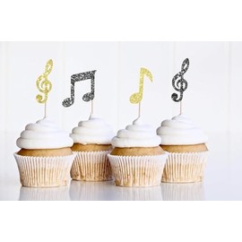12 x Black & Gold Music Note Cupcake Toppers | Birthday Cupcake Toppers | musical theme party