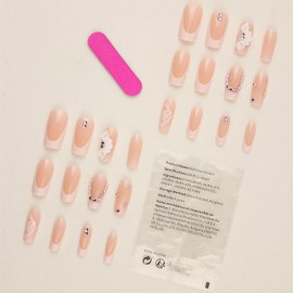 Press on Nails Medium Aritifical Square Fake Nails Rhinestones White Flower Design Pink French Arcylic False Nails Full Cover Reusable Coffin Nails Nature Fit Stick on Nails Glue on Nails for Women