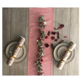 Cotton & Linen Blend Christmas Table Runner Festive Table Decor Santa, Reindeer, Snowmen & Trees - Perfect for Holiday Dining Table & Kitchen Decoration (Linen Red Stripe, 30cm x 280cm)