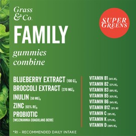 Grass & Co. Family Super Greens Gummies | Multivitamin with C, D, E & Probiotics | Gut Health & Immunity Support | 60 Gummies | Vegan | Mixed Berry Flavour