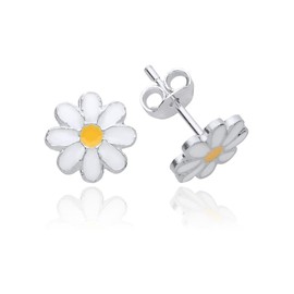 8MM Daisy Flower White/Yellow Enamel Stud Earrings/Pair of Ear Studs for Children Child Girls Kids Teenagers Women - 925 Sterling Silver - Ideal Small Children's Earrings