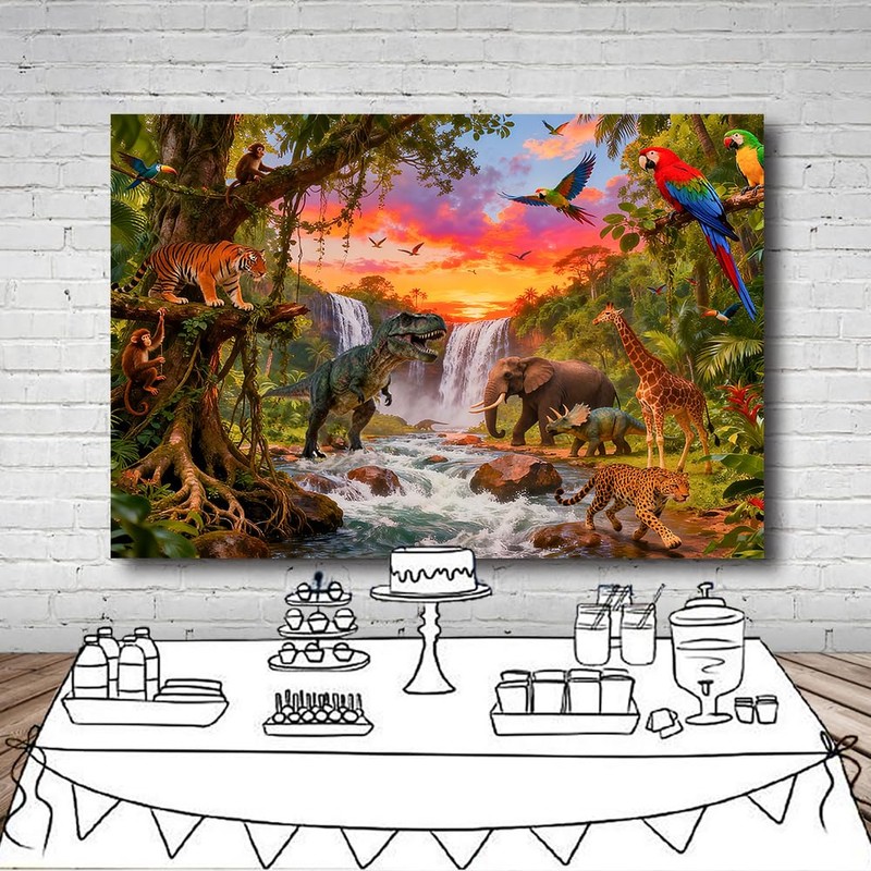 DePhoto 7x5FT Jungle Forest Animals Backdrop Tropical Rainforest Safari Background