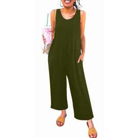 Nfsion Women's Summer Casual Loose Tank Jumpsuit Sleeveless Crewneck Long Pants Jumpsuit Romper with Pockets Large Army Green