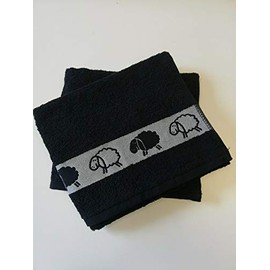 Sue Rossi Ltd 100% Cotton Tea Towels Waffle Embroidered Animal Cooks Cloth Luxury 3 Pack Kitchen Towel Set (Black Sheep)