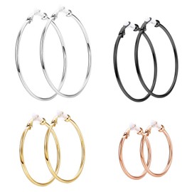 Hoop Earrings Clip On Earrings Non-Piercing Earrings Set 4 Pairs Non-Pierced Women's Earrings Large Hoop Earrings Set Ear Clips Girls Silver Gold Hoop Earrings Set Clip Earrings 30/40/50/60 mm, Zinc
