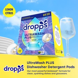 Dropps UltraWash Plus Dishwasher Detergent, Lemon Citrus (64 Pods) - Triple Action Biobased Power Deep Clean Dishwasher Detergent Tablets for Tough Stains - Dishwashing Pods for Shiny Dishes
