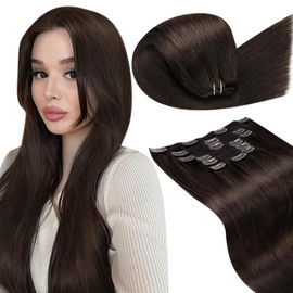 LaaVoo Human Hair Clip in Extensions Darkest Brown Clip in Hair Extensions Real Human Hair Brown Human Hairfor Women Clip in Extensions Brown Silky Straight 22 Inch 7pcs/150g