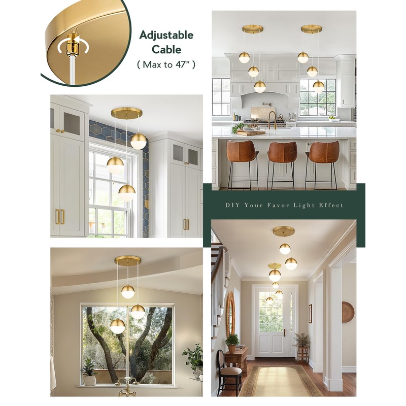 LMS Brushed Gold 3-Light Cluster Pendant Lights, Modern Kitchen Island