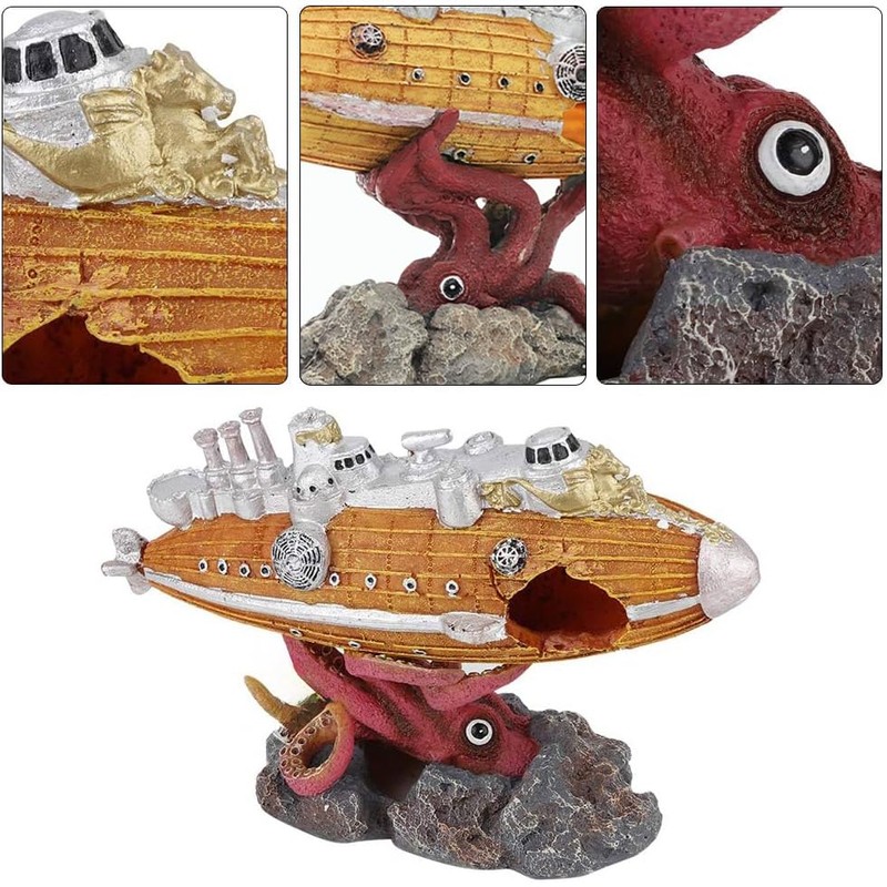 AIMALL Submarine Aquarium Ornament, Resin Fish Tank Decoration, Hollow Shipwreck
